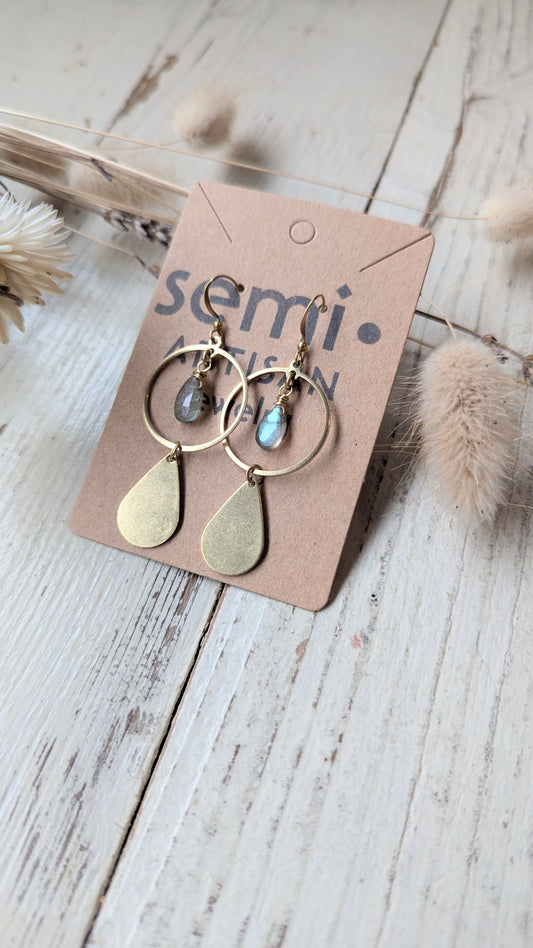 Faceted briolette gemstone + Tear Drop Brass Earrings