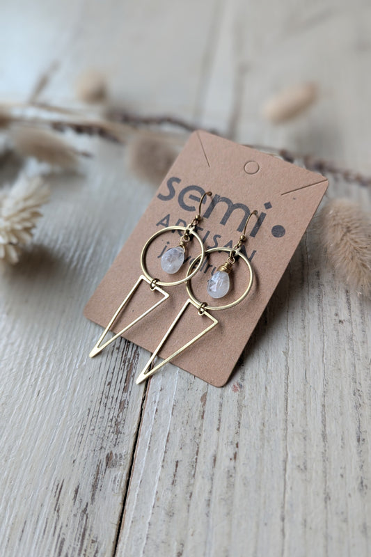 Faceted Gemstone + Geometric Brass Earrings