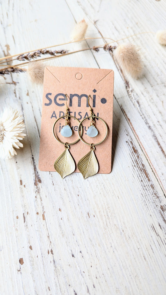 Gemstone + Brass Leaf Earrings