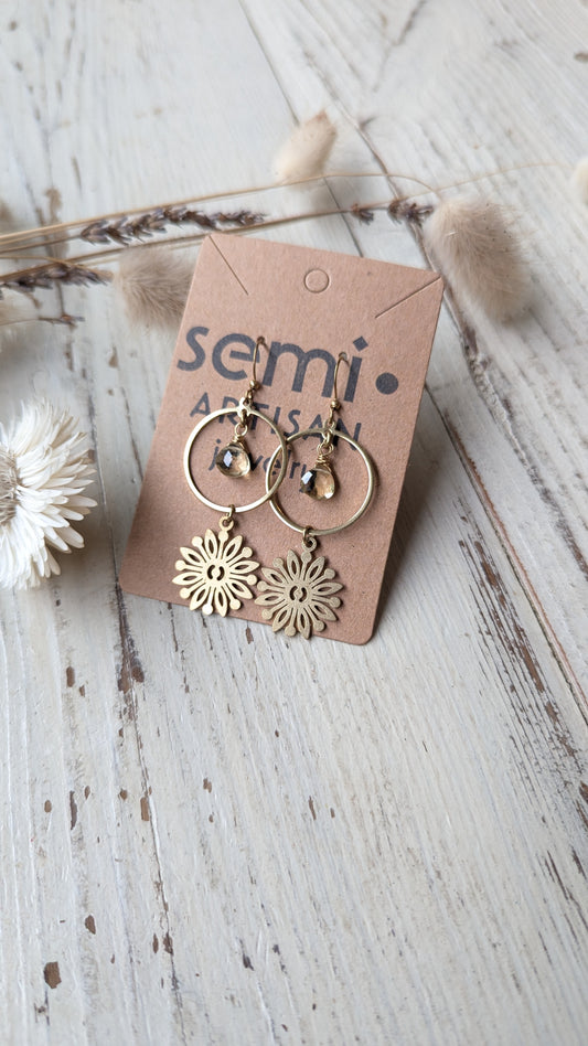 Citrine + Sunflower Brass Earrings