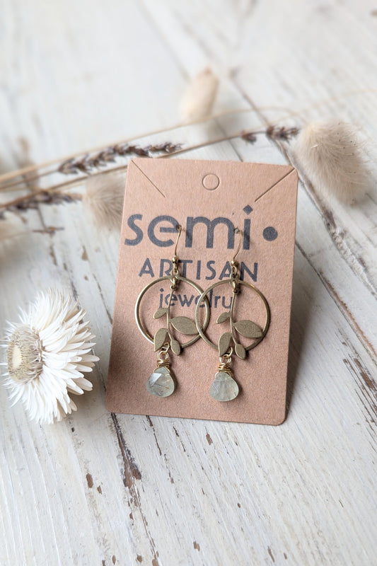 Prehnite + Floral Design Brass Earrings