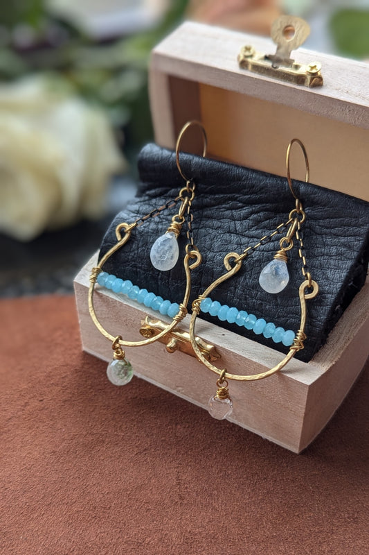 Handcrafted Brass Earrings with Moonstone, Sky Blue Jade, and Moss Agate