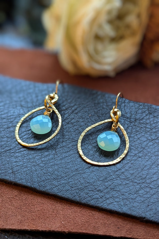 Handcrafted Yellow Brass Hoops with Aqua Blue Chalcedony Earrings