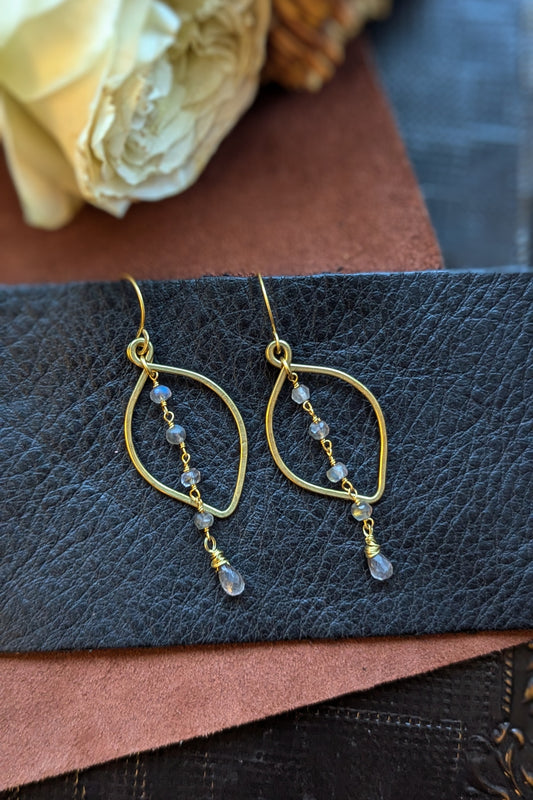 Handcrafted Yellow Brass Leaf Hoops with Labradorite Rosary Chain and Teardrop