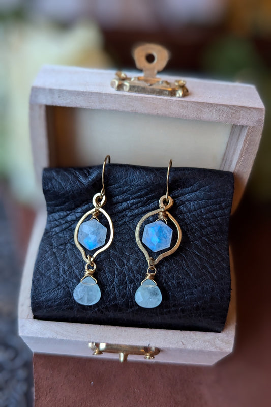 Handcrafted Brass Earrings with Moonstone and Aquamarine