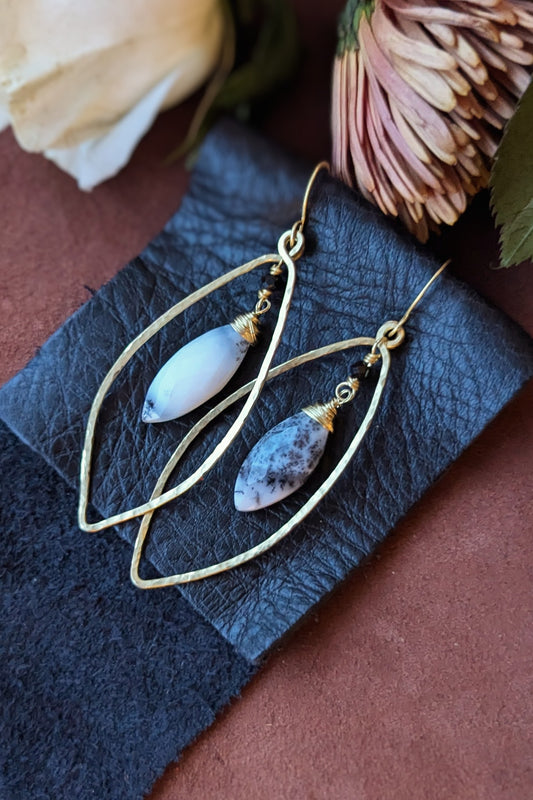 Handcrafted Brass Earrings with Merlinite (Dendritic Opal) and Black Spinel"