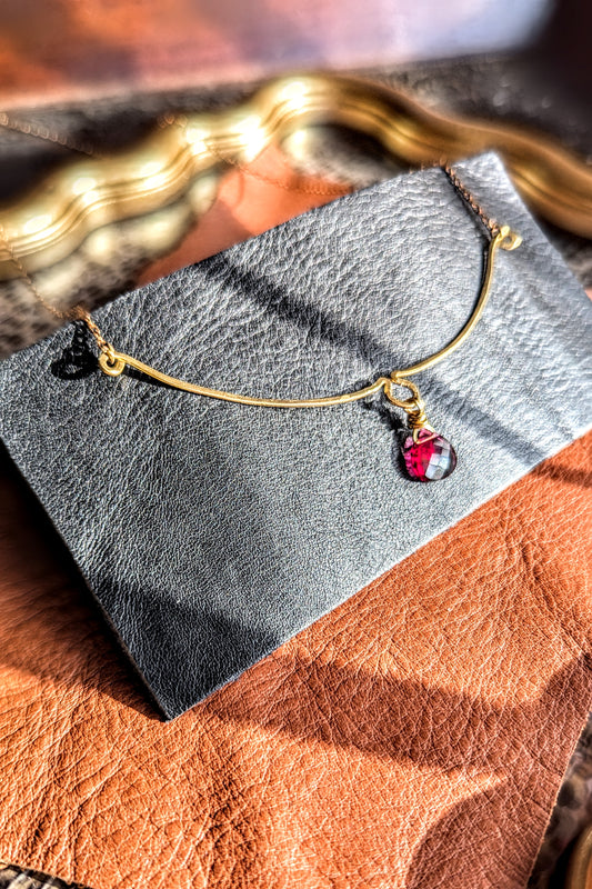 Hand-Hammered Brass Necklace with Pink Tourmaline