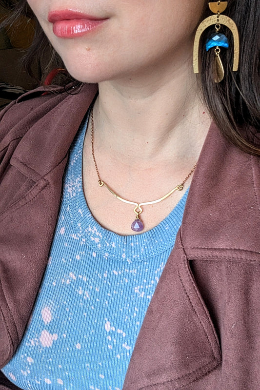 Handcrafted Rich Low Brass Necklace with Hammered Bar and Amethyst Drop