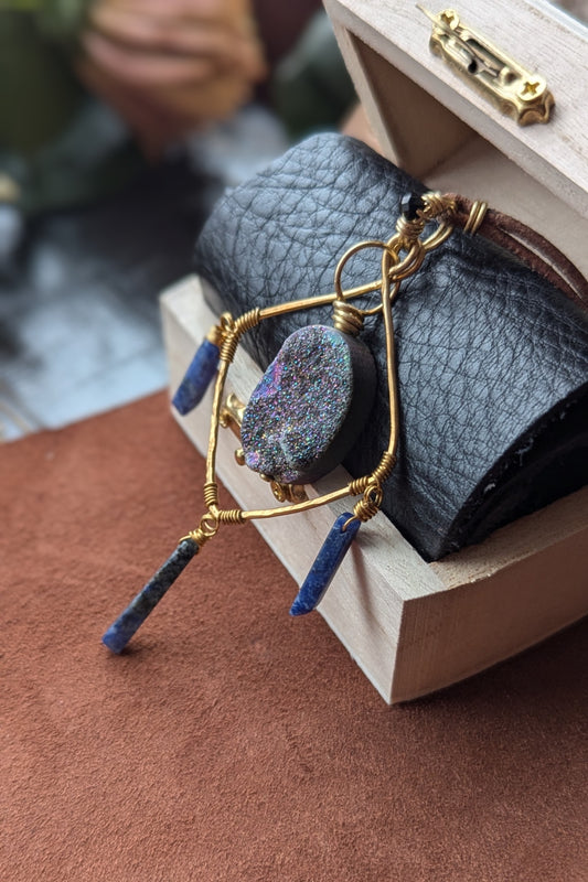 Handcrafted Druzy, Sodalite, and Black Spinel Pendant Necklace on Leather Cord