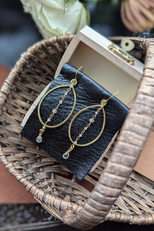 Handcrafted Yellow Brass Earrings with Moonstones, labradorite and Clear Topaz