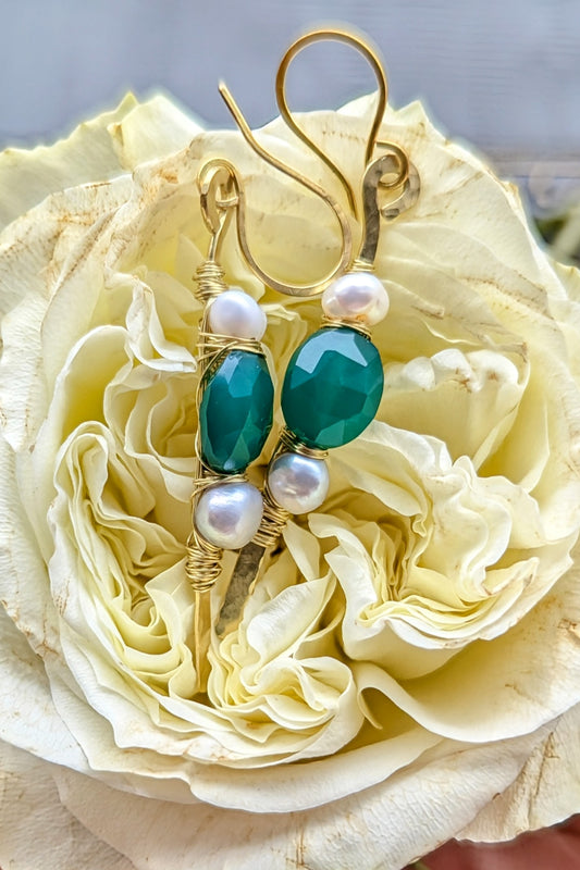 Handcrafted Brass Earrings with Green Onyx and Pearls