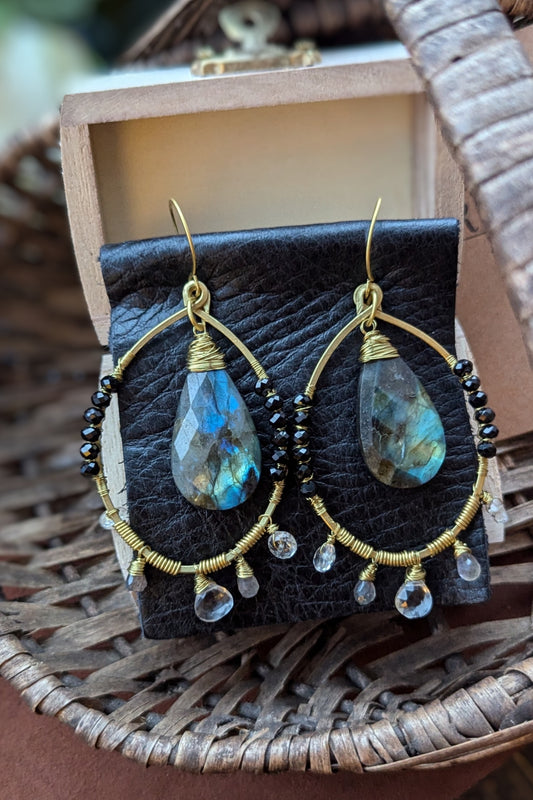 Handcrafted Brass Earrings with Black Spinel, Labradorite, and Clear Quartz"