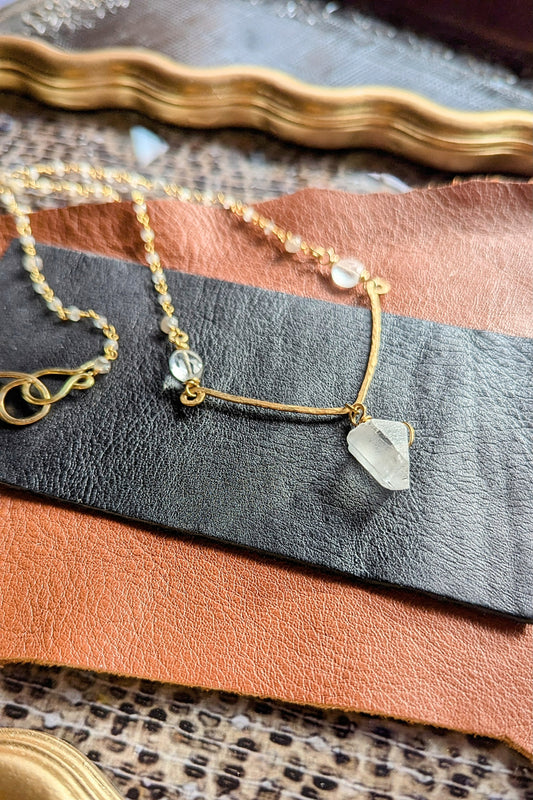 Handcrafted Clear Quartz Pendant Necklace with Moonstone, Labradorite, and Adjustable Closure