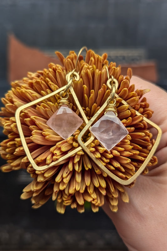 Hand-Hammered Rich Low Brass Earrings with Rose Quartz