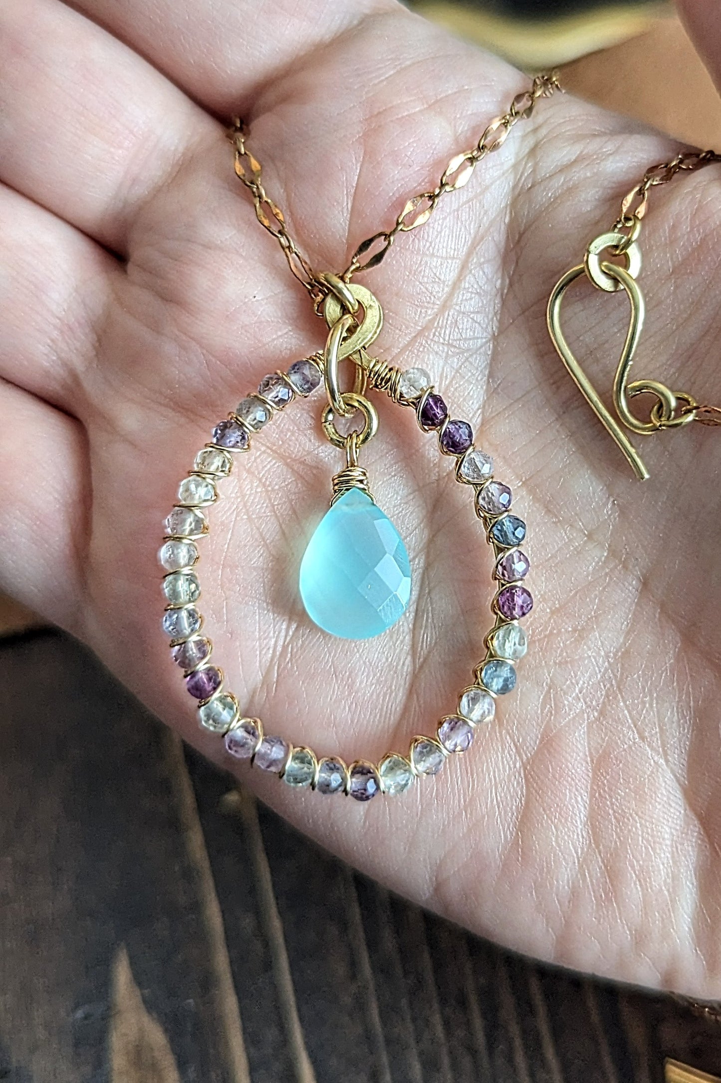 Handcrafted Aqua Blue Chalcedony and Fluorite Hoop Necklace