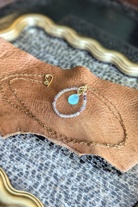 Handcrafted Aqua Blue Chalcedony and Fluorite Hoop Necklace